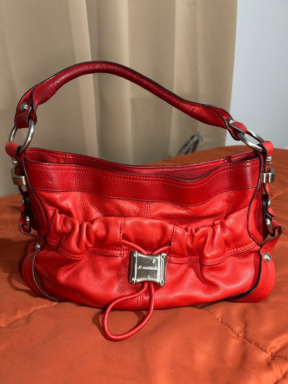 Vintage Leather B. Makowsky Red Ruched Shoulder Satchel W/ Silver Hardware Y2K